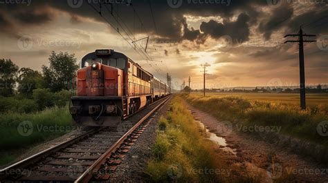 Train on the railroad, sunset background 23330706 Stock Photo at Vecteezy