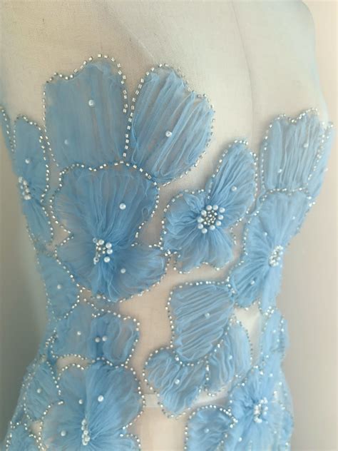 Blue 3d Embroidered Flowers For Couture Bridal Dress French Tulle