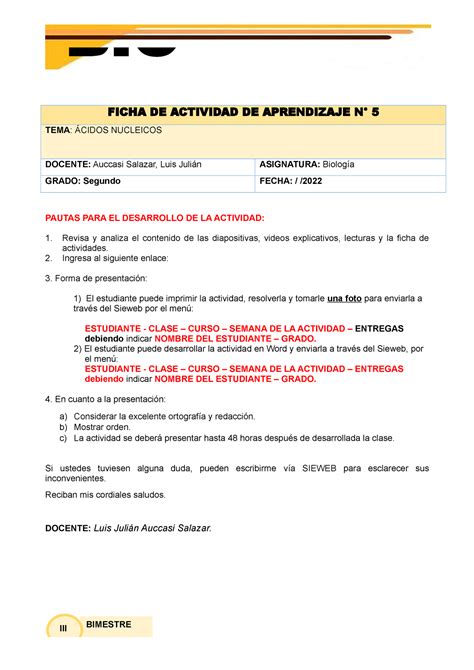 5 Clase Acidos Nucleicos FICHA DE ACTIVIDAD DE APRENDIZAJE N 5 TEMA