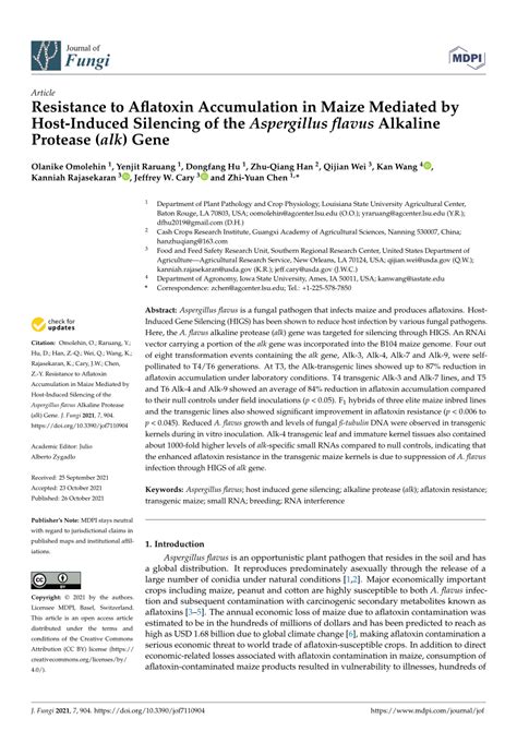 PDF Resistance To Aflatoxin Accumulation In Maize Mediated By Host