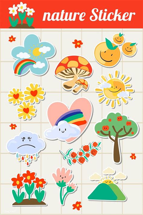 Download premium illustration of Cute natural doodle sticker set on a ...