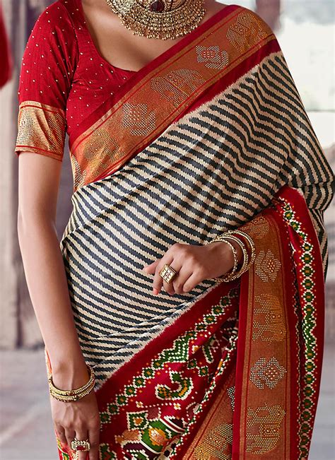 Buy Off White N Red Viscose Silk Digital Patola Print Saree Digital