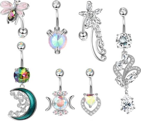 Dropship 14g Dangle Belly Button Rings For Women 7pcs Surgical Reverse Belly Rings Colorful Cz