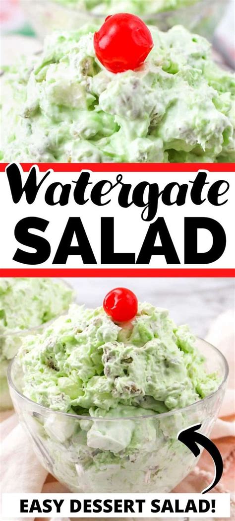 Two Pictures With The Words Watergate Salad In Red And White One Has A