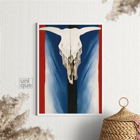 Georgia Okeeffe Print Cows Skull Red White And Blue Vintage Poster