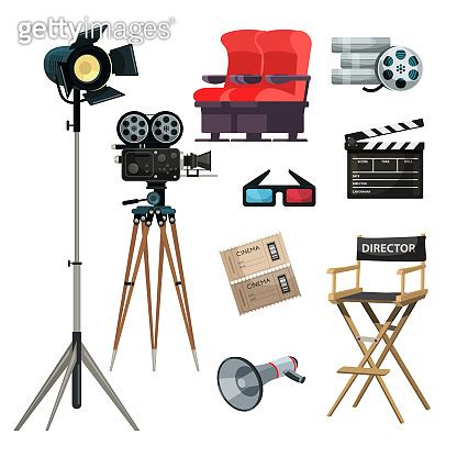 Cinematography Items Vector Illustrations Set Movie Directing