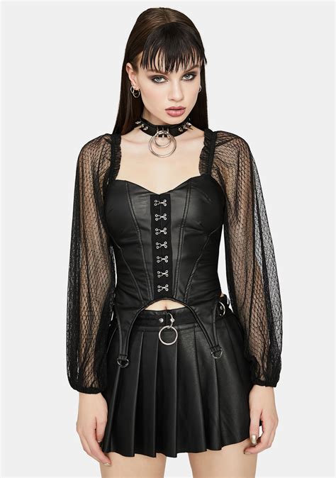 Vegan Leather Hook And Eye Puff Sleeve Corset Top Black Dolls Kill