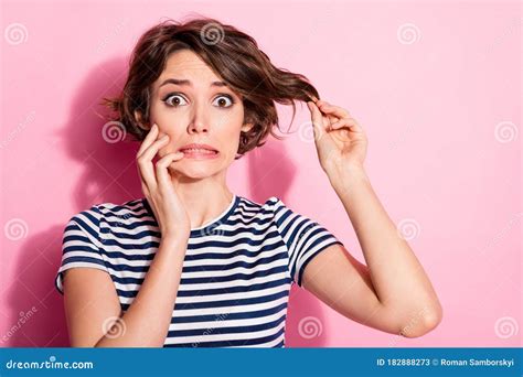 Closeup Photo Of Attractive Shocked Staring Lady Hold Hand Short Hairdo