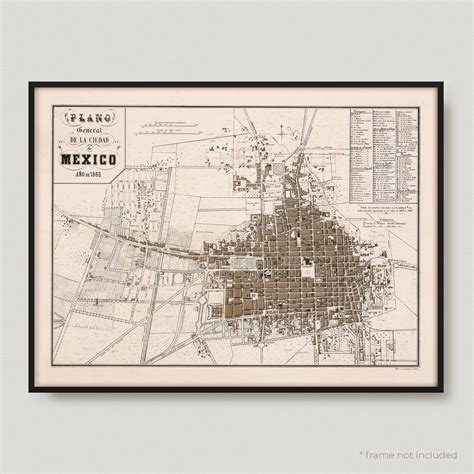 An Old Map Of The City Of Mexico In Black And White Framed On A Wall