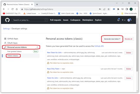 Select Personal Access Tokens Tokens Clasic Then Generate New