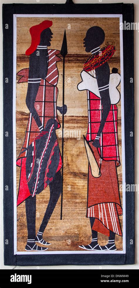 Kenyan Painting On Banana Skin Of Masai Warrior And Woman Stock Photo