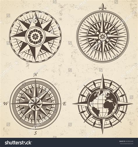 Set Of Vintage Antique Wind Rose Nautical Royalty Free Stock Vector 602865440