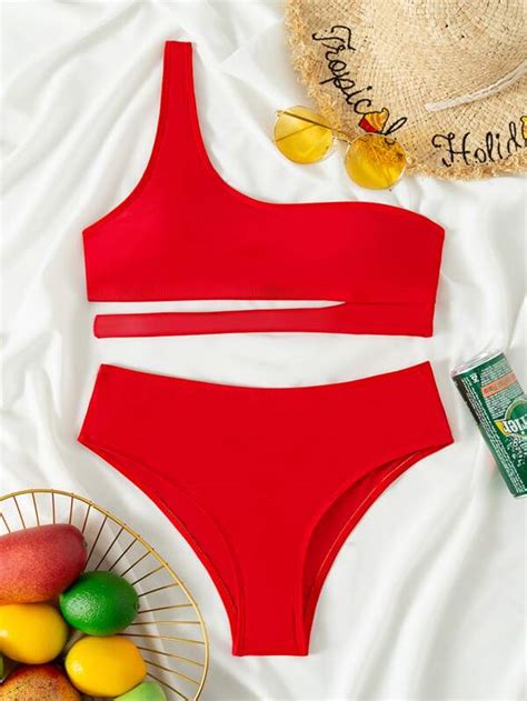 Shein Swim Basics Conjunto De Bikini Unicolor Corte De Un Hombro