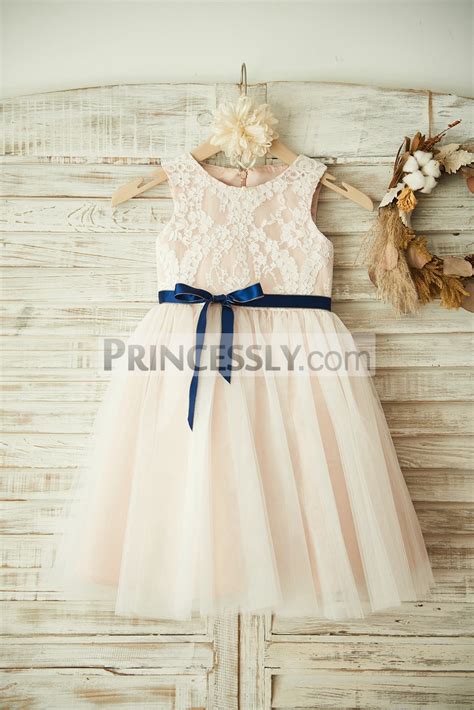 Ivory Lace Tulle Pink Lining Flower Girl Dress With Navy Blue Sash