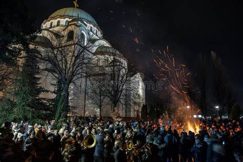 Crowd Of Serbian People Burning Badnjak Branches In Belgrade During