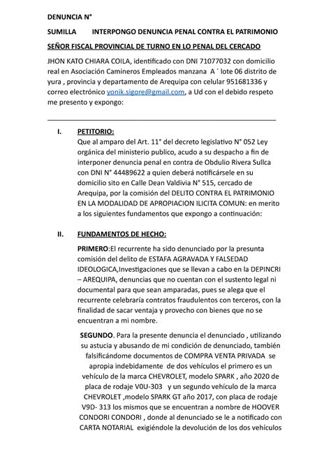 Denuncia 1 Denuncia N° Sumilla Interpongo Denuncia Penal Contra El