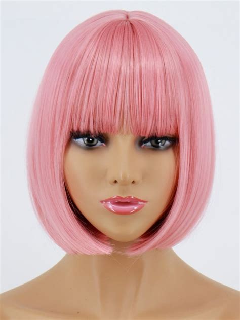 Short Straight Synthetic Wig With Bangs Pink Short Hair Short Hair