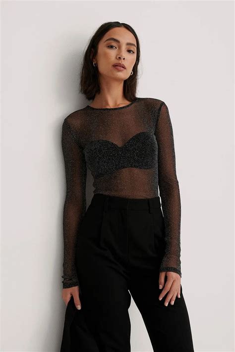 Long Sleeve Glitter Mesh Top Black | Glitter tops outfit, Mesh top outfit, Black mesh top