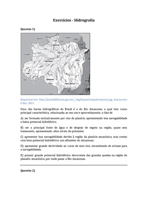 Questões Sobre Hidrografia - Exercícios sobre Hidrografia Brasileira | PDF | Hidroeletricidade | Rio ...