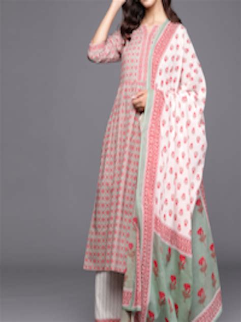 Buy Libas Women Sea Green And Pink Ethnic Motifs Printed Cotton Kurta