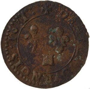 Moneda 1 Denier Tournois Louis XIII H La Rochelle França 1610