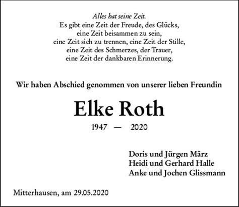 Traueranzeigen Von Elke Roth Vrm Trauer De