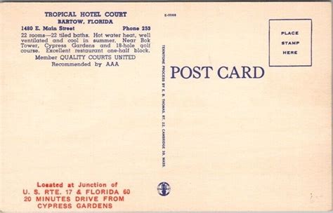 Bartow Florida Linen Postcard Tropical Hotel Court Route 60 Roadside C1950s Ebay