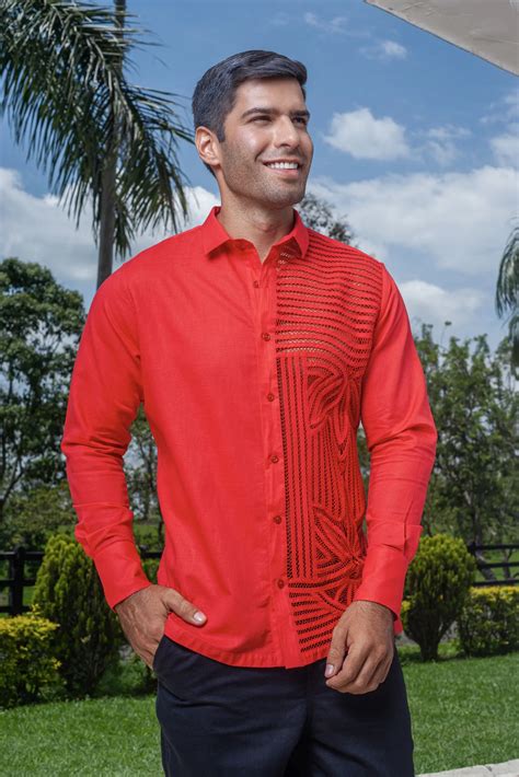 Camisa Guayabera Roja Manga Larga Frixio