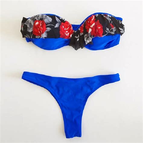 Bandeau Floral Patchwork Bikini Sexy Ladies Solid Brazilian Low Waist