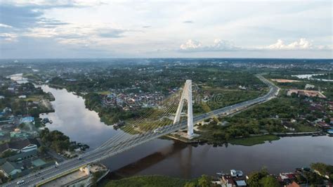 Aerial View of Siak Bridge IV Abdul Jalil Alamuddin Syah Bridge Above Siak River Sungai Siak in ...