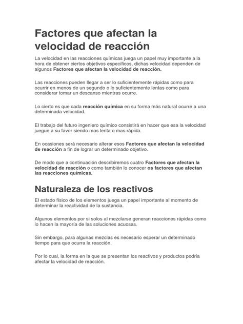 Factores Que Afectan La Velocidad De Reacción Reacciones Químicas