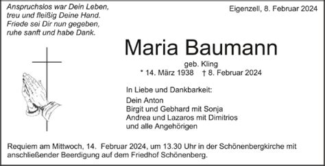 Traueranzeigen Von Maria Baumann Schwaebische De Trauerportal