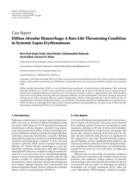 Pdf Diffuse Alveolar Hemorrhage A Rare Life Threatening Condition In