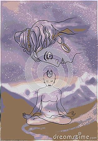 Meditating Naked Girl In Padmasana Lotus Pose And Shiva S Face Above