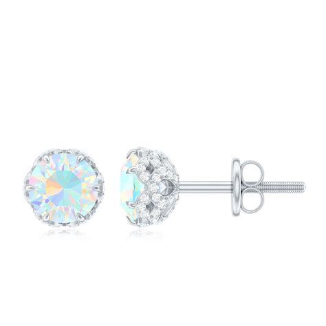 Ethiopian Opal Solitaire Stud Earrings And Diamond For Women Aaa Grade