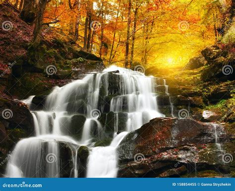 Waterfall Cascade In A Beautiful Deciduous Autumn Forest Bright Autumn