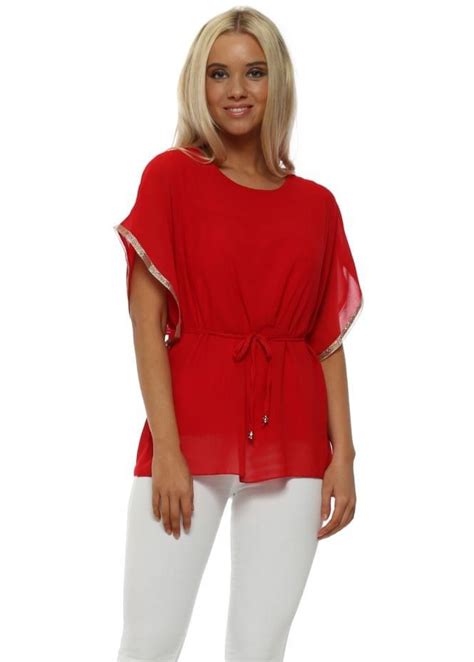 Red Chiffon Tops Chiffon Outer Trim Top White Skinny Jeans Gold Trim Casual Tops Scoop