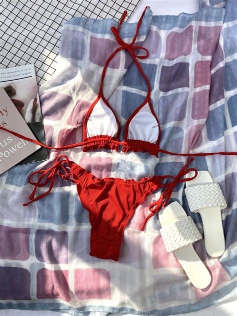 Set Bikini Unicolor Con Ribete De Lechuga Sujetador De Microtri Ngulo