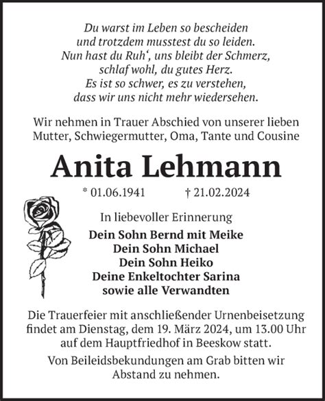 Traueranzeigen von Anita Lehmann Märkische Onlinezeitung Trauerportal