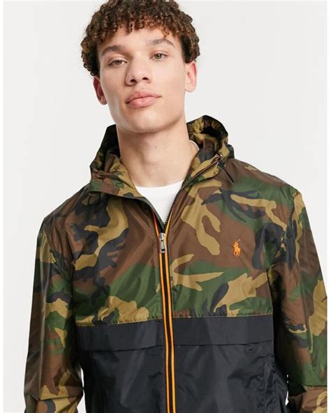 Polo Ralph Lauren Player Logo Camo Print Hooded Rain Jacket In Green