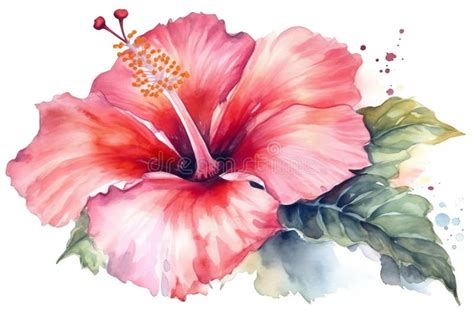 Watercolor Pink Hibiscus Flower Isolated On White Background