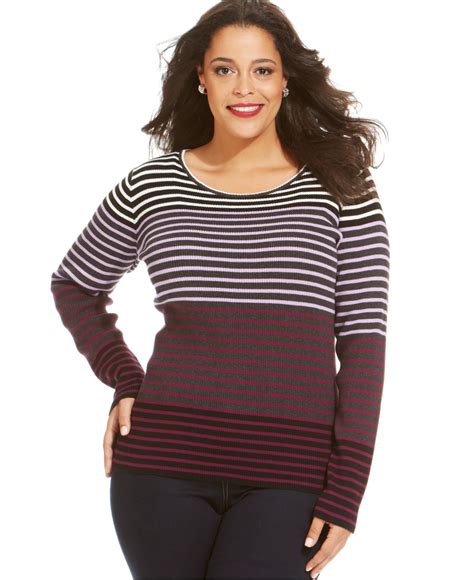 Jones New York Signature Plus Size Long Sleeve Striped Top In Purple