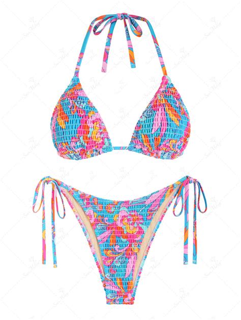 Seamolly Tie Side Floral Smocked Shirred Triangle Bikini Set