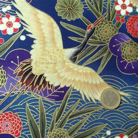 Tissu Japonais Motif Traditionnel Grue Fond Bleu Coton Etsy France