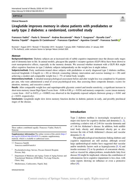 Liraglutide Improves Memory In Obese Patients With Prediabetes Or Early Type 2 Diabetes A