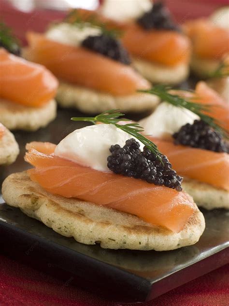 Blinis Canaps With Smoked Salmon Sour Cream And Caviar Photo Background And Picture For Free