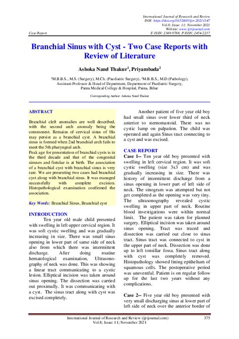 Pdf Branchial Sinus With Cyst Two Case Reports With Review Of Literature Dr Ashoka Nand