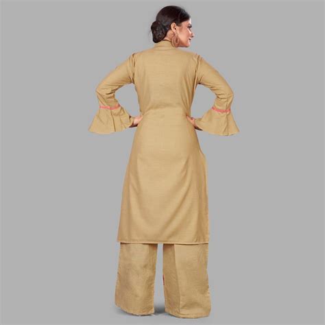 Beige Casual Wear Embroidered Cotton Palazzo Suit