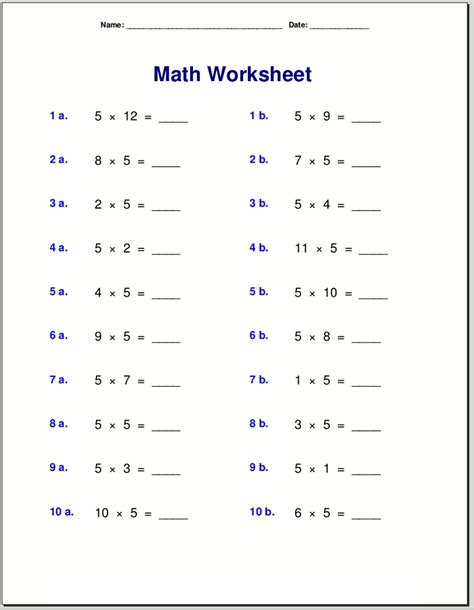 5 Times Table Quiz Printable