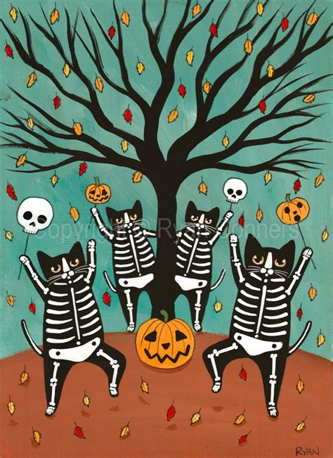 The Celebration Of Halloween Original Cat Folk Art Acrylic Painting